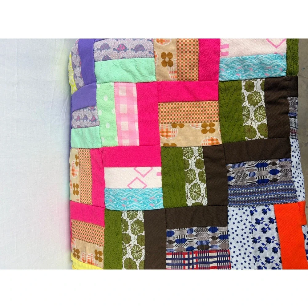 Vintage Handmade Patchwork Quilt Rainbow Polyester Double Knit 70s Retro 68x82